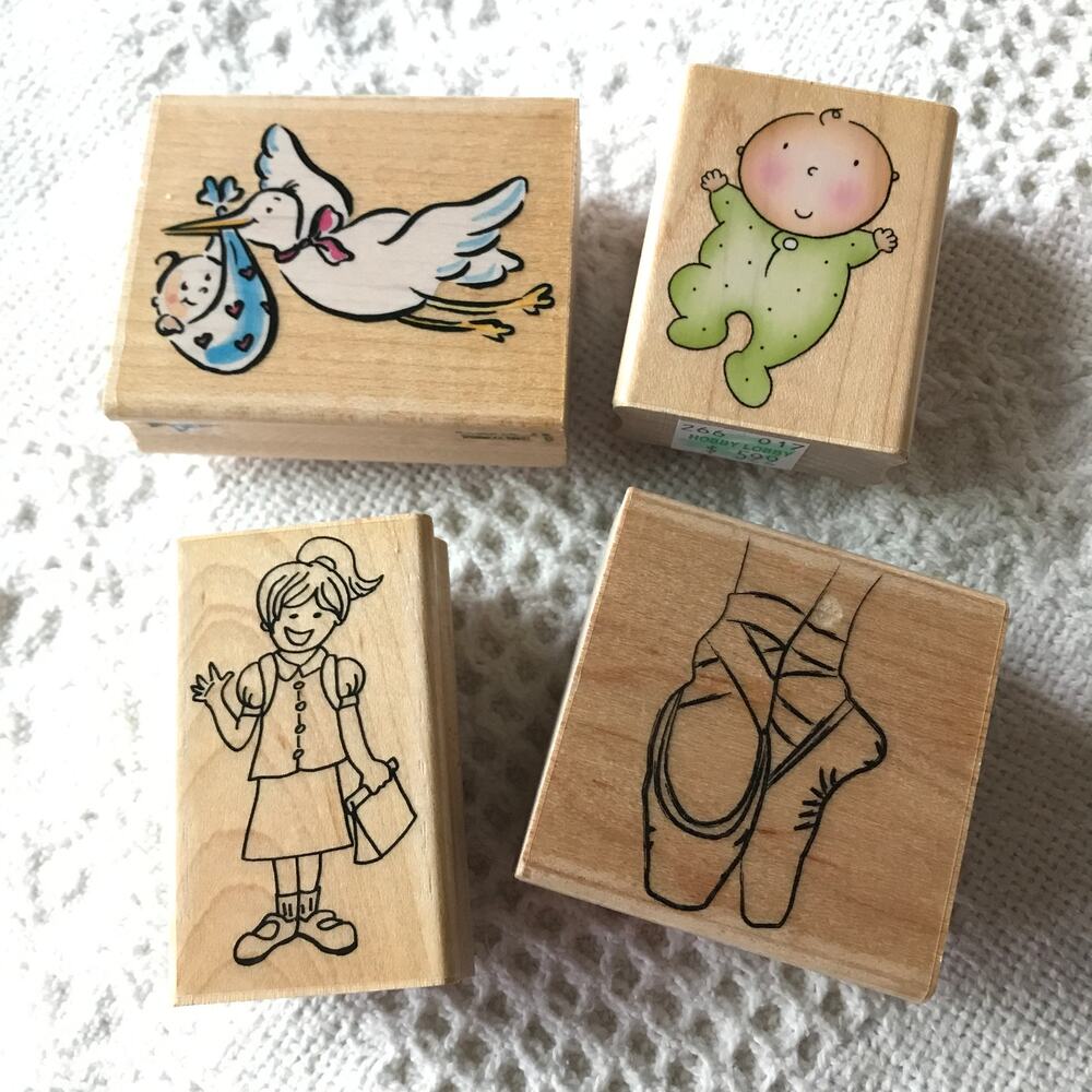 Pre-owned Wood-backed Rubber Stamp Baby/Girl Lot 4 stamps stork ballet baby